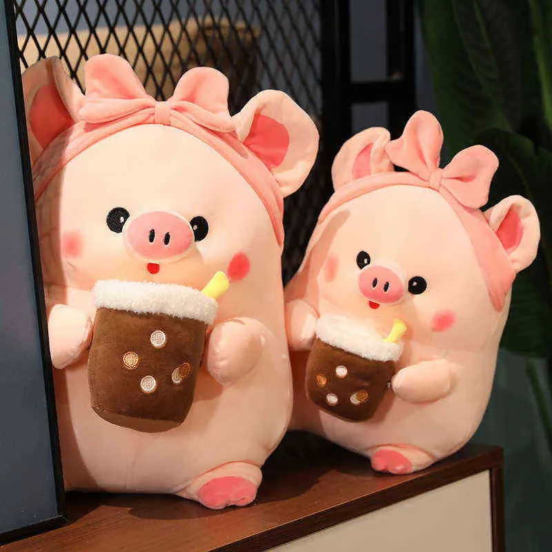 Piękna gruba świnia z mleczną herbatą uściski kawaii dla lalki dla zwierząt nadziewana miękka świnka poduszka urodzinowa dla dzieci dziewczyna J220704