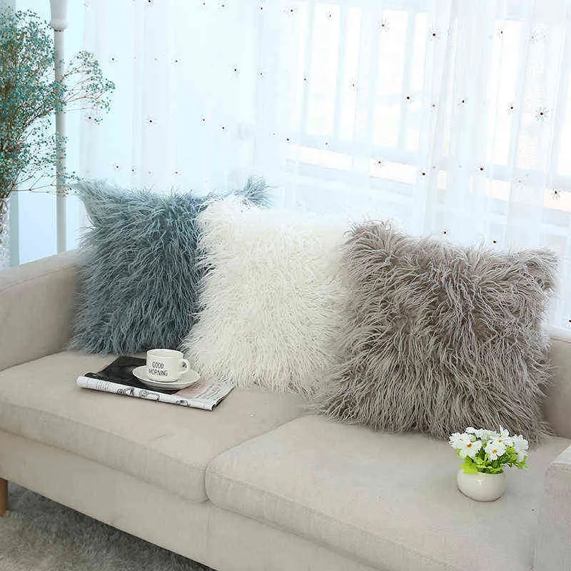 Cushion Cover Plush Fabric Solid Color Serging Square 45 45 Faux Fur Throw Case Sofa Home Decorative L220608