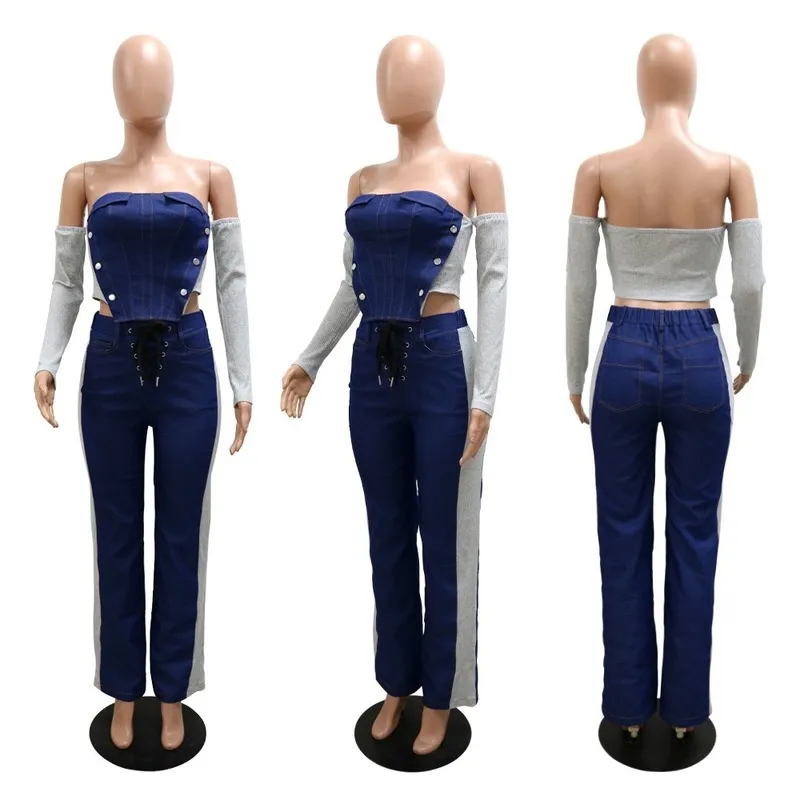 Hosen Sets für Frauen Frühling Autumm Jeans Denim Patchwork Bluse Lange Hosen Mode Elegante Abend Nacht Kleidung Sets 220511