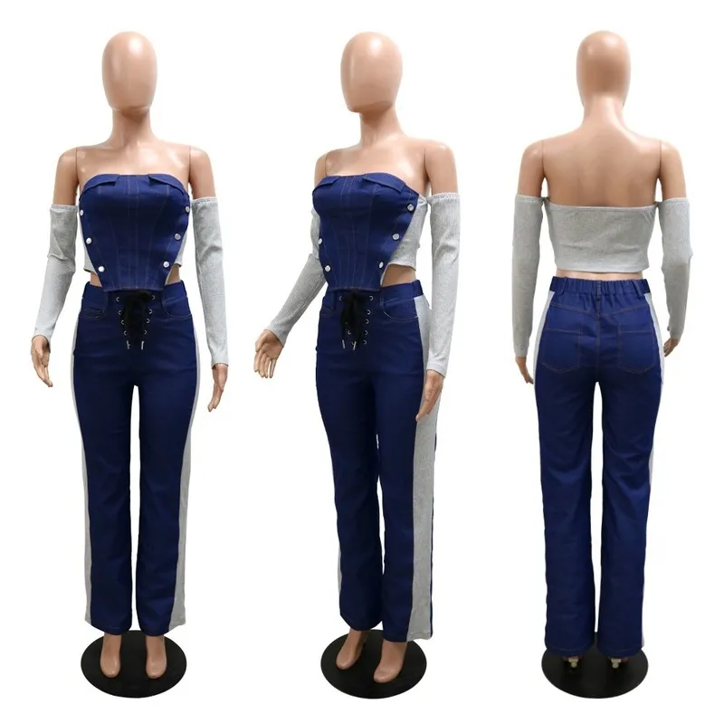 Pants Gets for Women Spring Autumm Jeans jeans Blusa de retalhos longas Moda elegante noite de roupas noturnas 220511