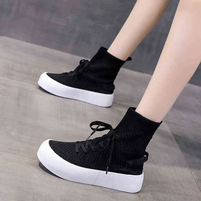 Women's Stretch Fabric Knitted Sock Boots 2022 Autumn Slip on Flat Platform Ankle Boots Woman Green Thick Sole Hollow Mesh Shoes Y220707