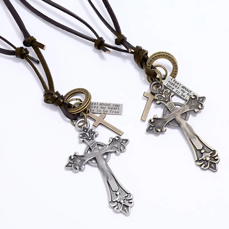 Retro Letter ID Jesus Cross Necklace Ring Charm Adjustable Leather Chain Necklaces for women men Fashion jewelry gift will and sandy