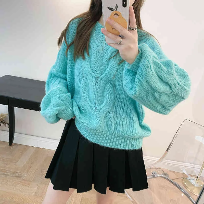 Makaron knitted soft milk blue sweater women's new autumn Pullover loose outer wear lazy coat