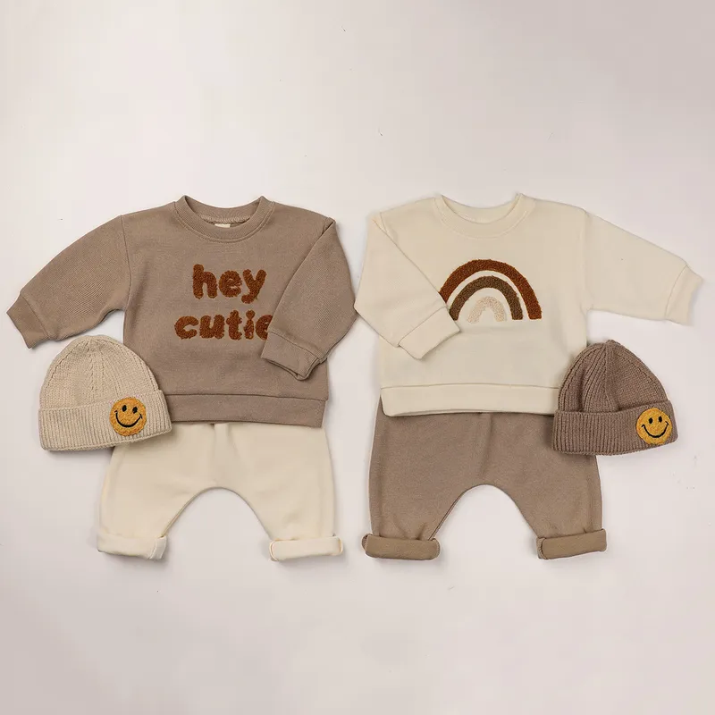 Europe Baby Cotton Kintting Clothing Sets Kids Boys Girls Spring Clothes Loose Tracksuit Pullovers Tops+Pants Outfits 220507