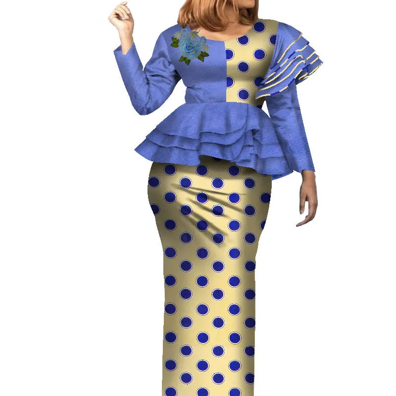 Bintarealwax moda z długim rękawem Dwa kawałek Dress Dashiki Patchwork Top I Spódnice Ubrania Afryki Bazin Tkaniny Plus Size Kobiety Spódnica Ustaw Wy7905