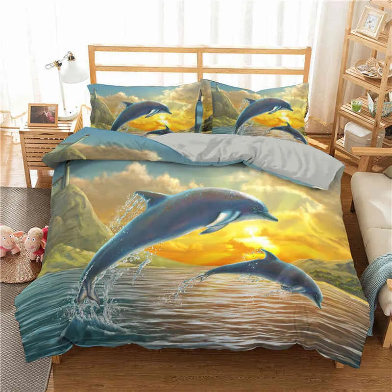Parure de lit en forme de dauphin océan, ensemble de literie pour enfants et adultes, Style Boho, thème marin, housse de couette, créatures marines, taie d'oreiller, décor de chambre à coucher