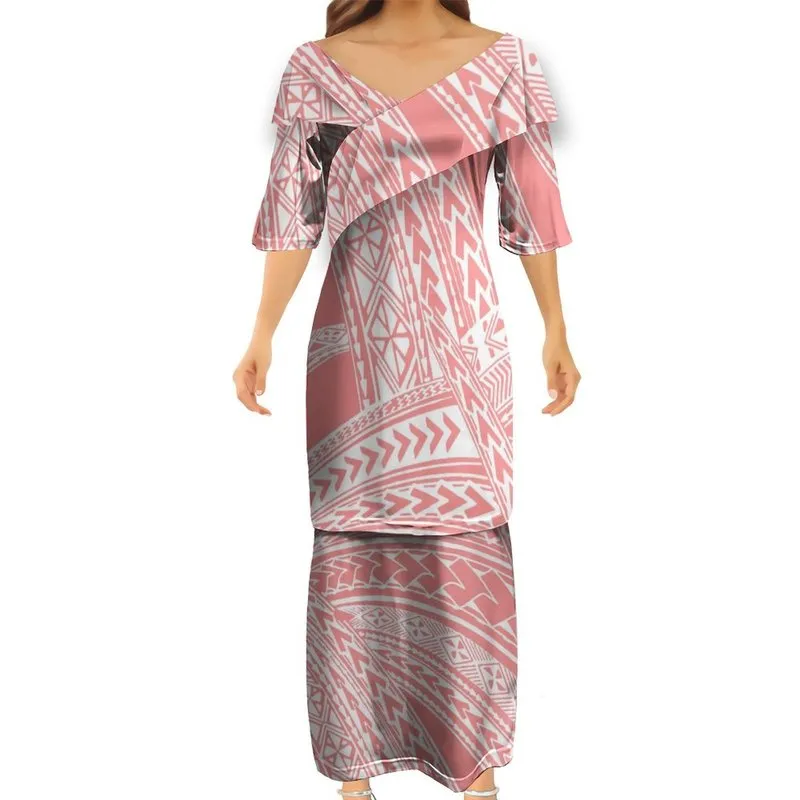 Brand Polynesian Tribal SubliMation Print V-Neck Puletasi Women Half Sleeve Dress Anpassade mönster Klänning Size 7XL 220706