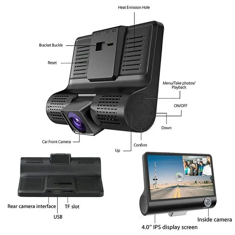 HD Night Car DVR Dash Cam 40 pouces Enregistreur vidéo Camera Auto Camera 3 Lens de caméra avec vue arrière Registrateur de caméra Dashcam DVRS2996908