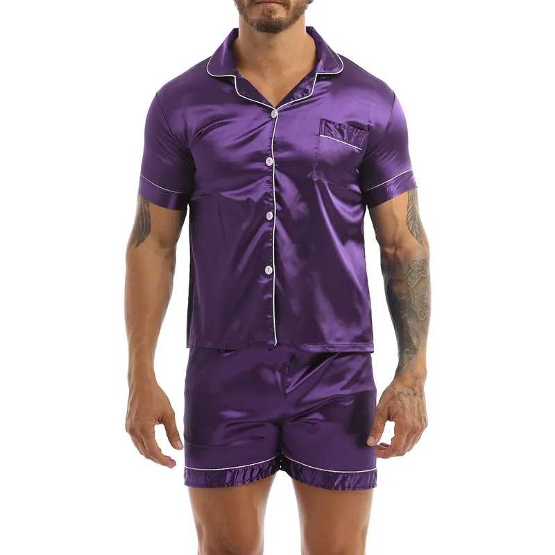 Moda męska jedwabista satynowa piżama zestaw jednolity kolor krótkie rękawy przycisk TShirt topy z elastycznym pasem bokserki bielizna nocna 220705