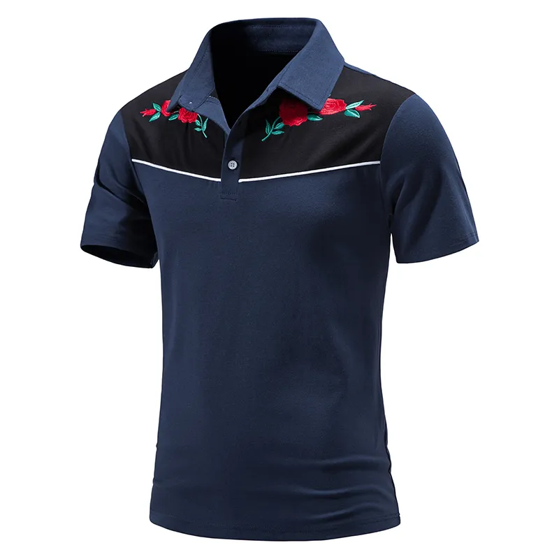 Verano para hombre Polos de manga corta Hombres Casual Polos Slim Transpirable Tee Tops Flor Bordado Sólido Patchwork 220504