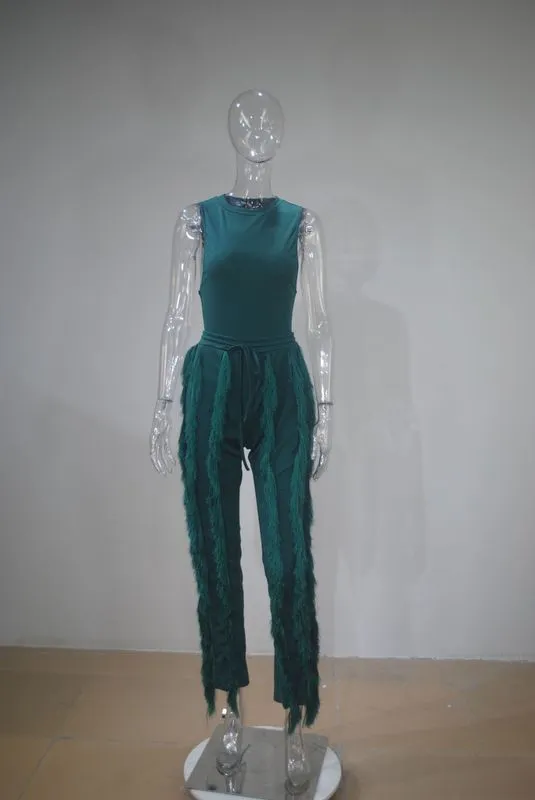 Echoine Design Bosysuit sans manches et pantalon à glands Ensemble deux pièces Ensemble à franges à jambes larges Été Printemps Ensemble assorti 220602