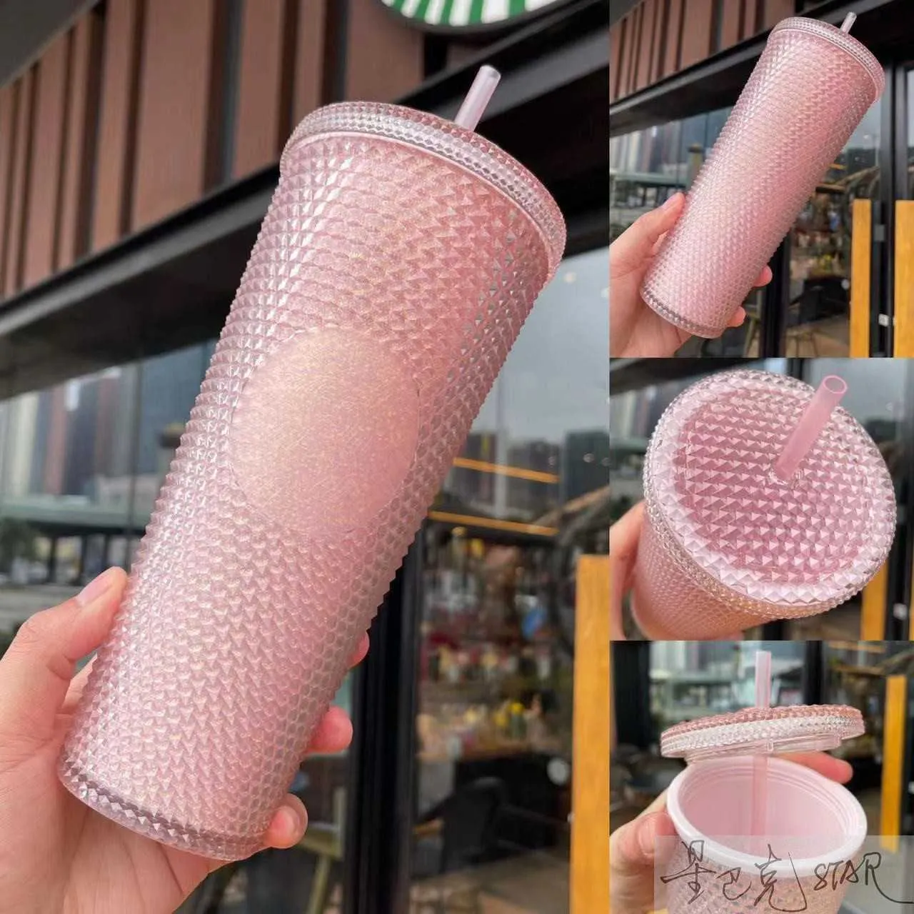 Starbucks new cup pink durian 710ml Cherry Blossom powder plastic straw cup high capacity coffee cup