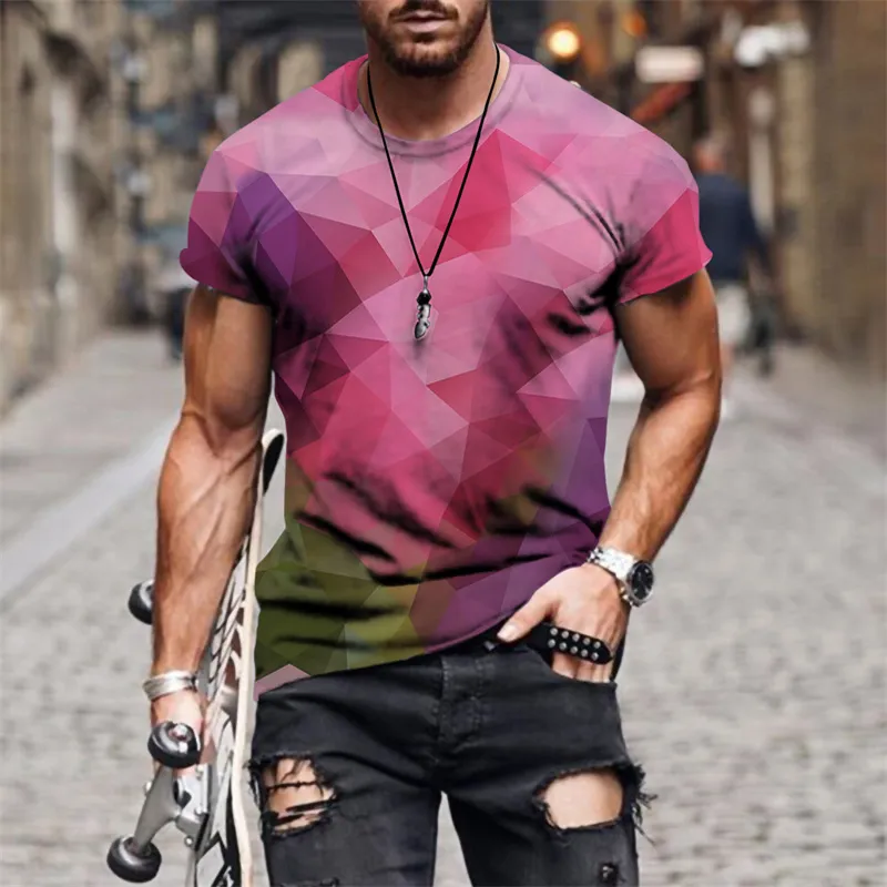 夏のクルーネック3D男性用カラフルなTシャツフルプリントティートップトップスサマーカジュアルシャツメンズ衣料品トップティー6xl 220607