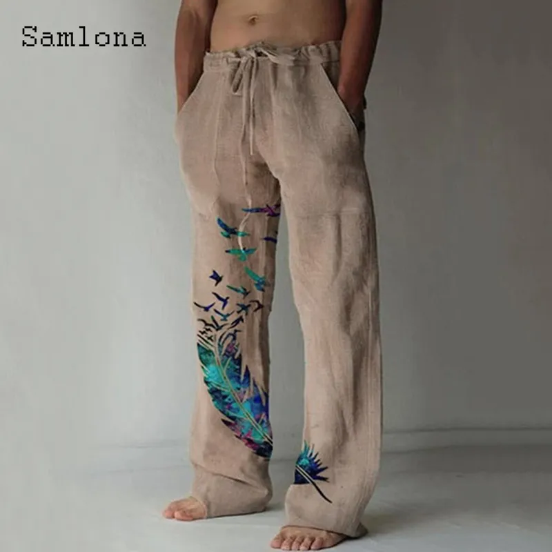 Samlona poche Design pantalon en lin cordon pantalon ample grande taille 3xl hommes mode oiseaux plume imprimé pantalons de survêtement 220712