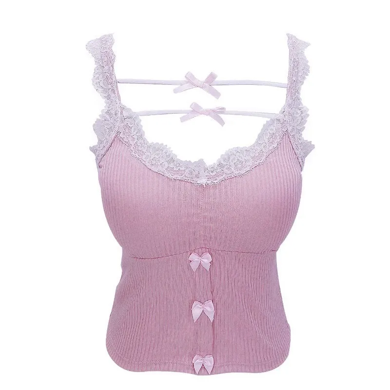 Pink Crop Top Women Summer Cute Y2k Tops Lace Trim Bow Decoration Slim Camis Sweet Girl Lolita Style Aesthetic Kawaii Clothes 220318
