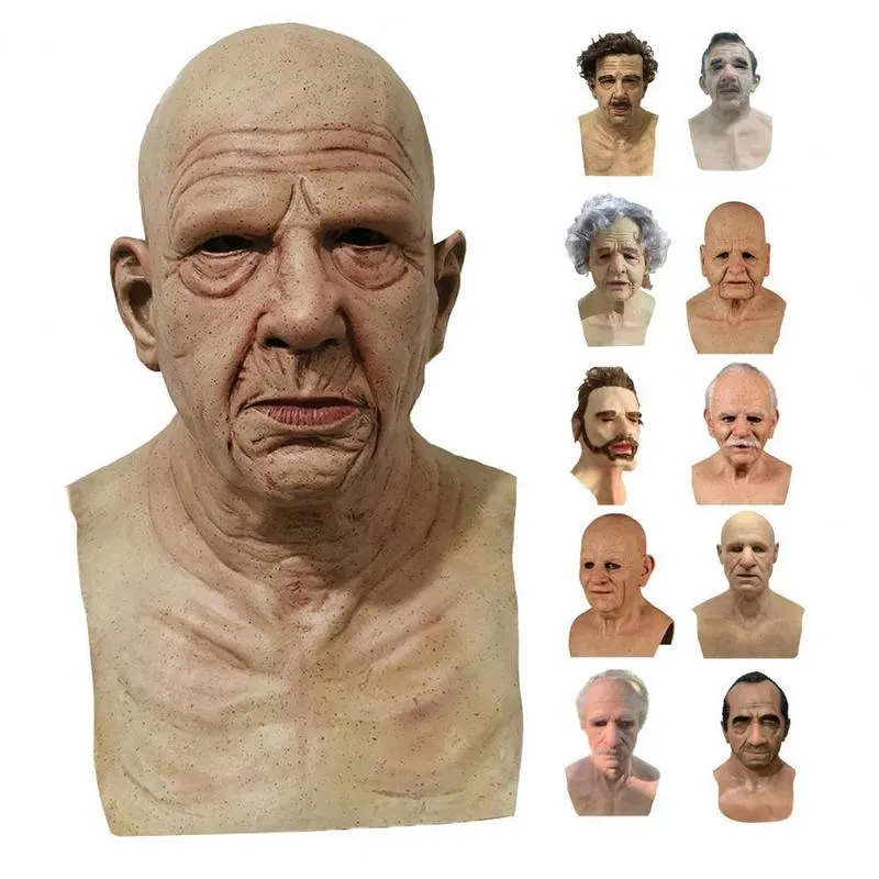 Funny Mask Halloween Realist Creepy Wrinkle Old Latex Scary Full Head Man Woman Horror Cosplay Party Props 220611