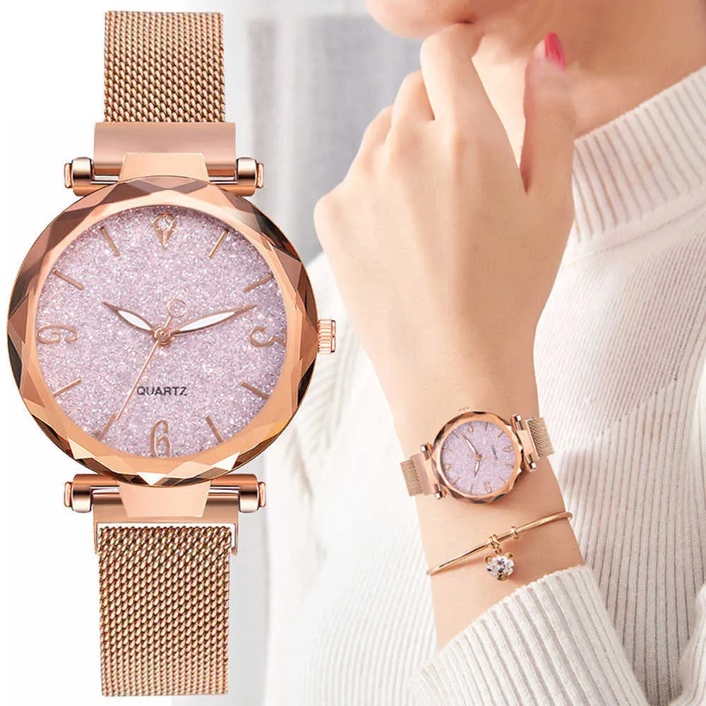 Orologio da donna in oro rosa 2022 orologio da polso da donna in maglia con orologio da polso da donna con cielo stellato magnetico di lusso delle migliori marche Dropship