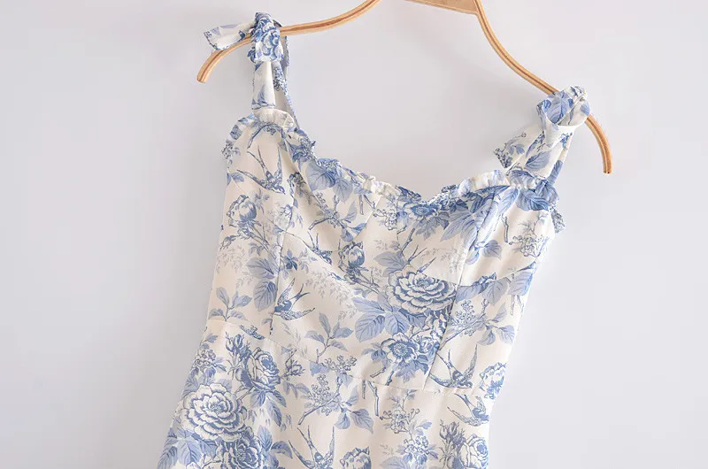 Sommar snörning bowknot rem hög midja fransk vintage tryckt ruffle klänning kvinnlig mode midi klänning 220615