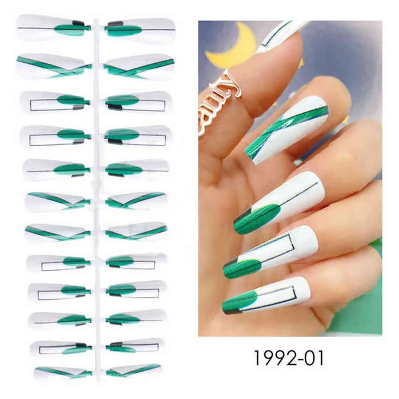 FALSE NAILS Spring Summer Design Seamless Fake Tips T Shaped Full Cover for Extension Manicures Tools 0616