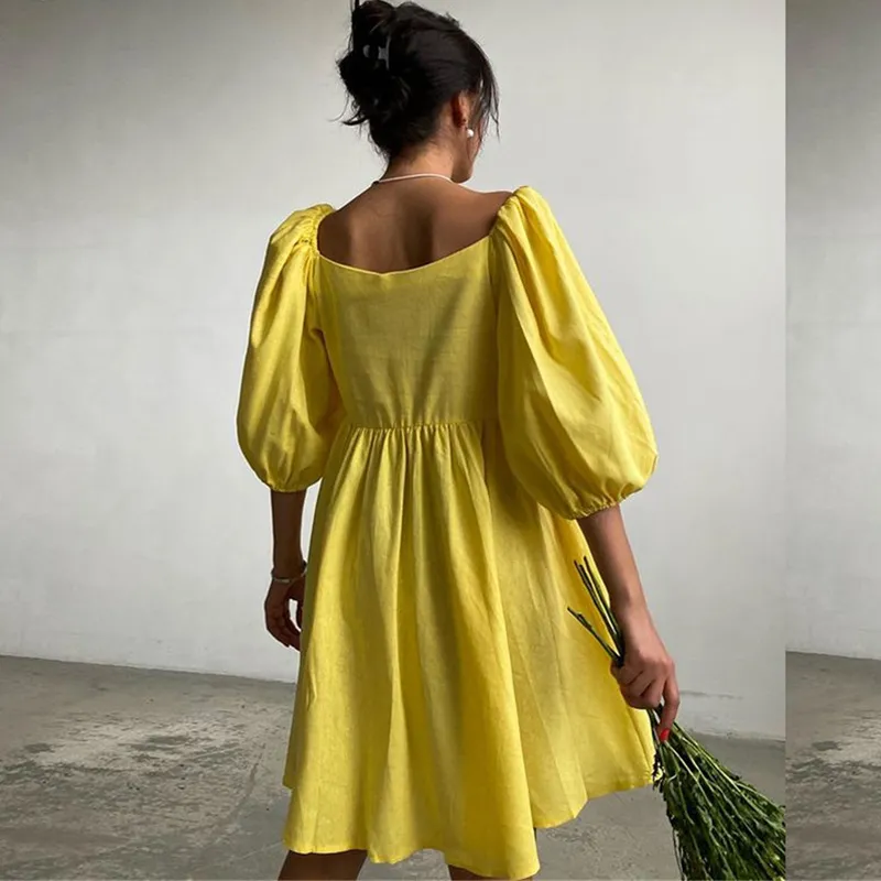 Kvinnokläder Summer Mini Dress Cotton O-Neck Kort ärm Ruffle A-Line Elegant för avslappnade damkläder