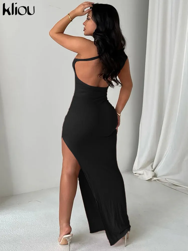 Kliou Ribbed One-Shoulder Maxi Dress Women Elegant Sleeveless Side Split Body-Shaping Backless Robe High Streetwear Lady Vestido 220509