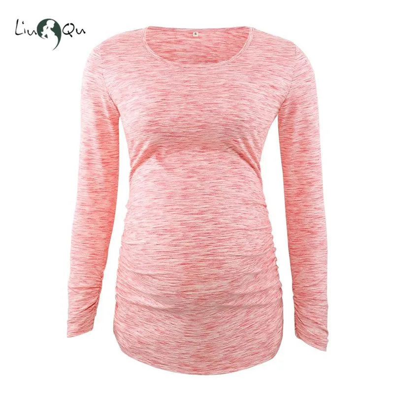 Mama Clothes Maternity Pregnant Blouses Ruched Tops Long Sleeve Scoop Neck Pregnancy T-Shirt Womens Clothing 220419