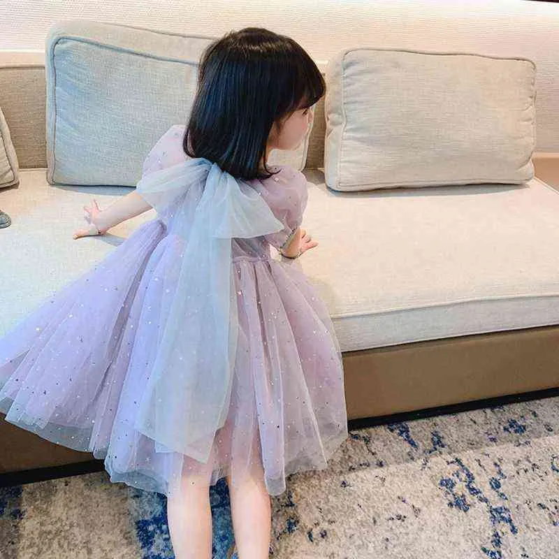 Baby Girls Princess Puffy Dress Casual Short Sleeve Mesh Summer Dresses Toddler Girl Elegant Party Tutu Bow Backless Kids Dress G220518