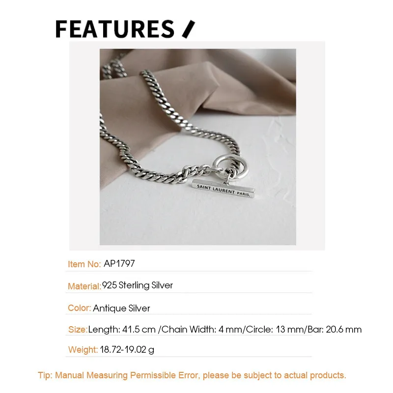 F I N S S925 Sterling Silver Halsband Retro Vintage Circle and Stick Pendant Antique Chain Choker Ornaments 220722