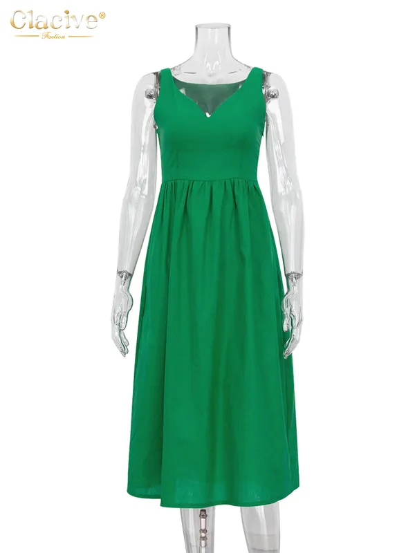 Clacive Summer VNeck Green WomenS Dress Casual Loose Sleeveless Office Midi es Elegant Classic Ruched Female 220704