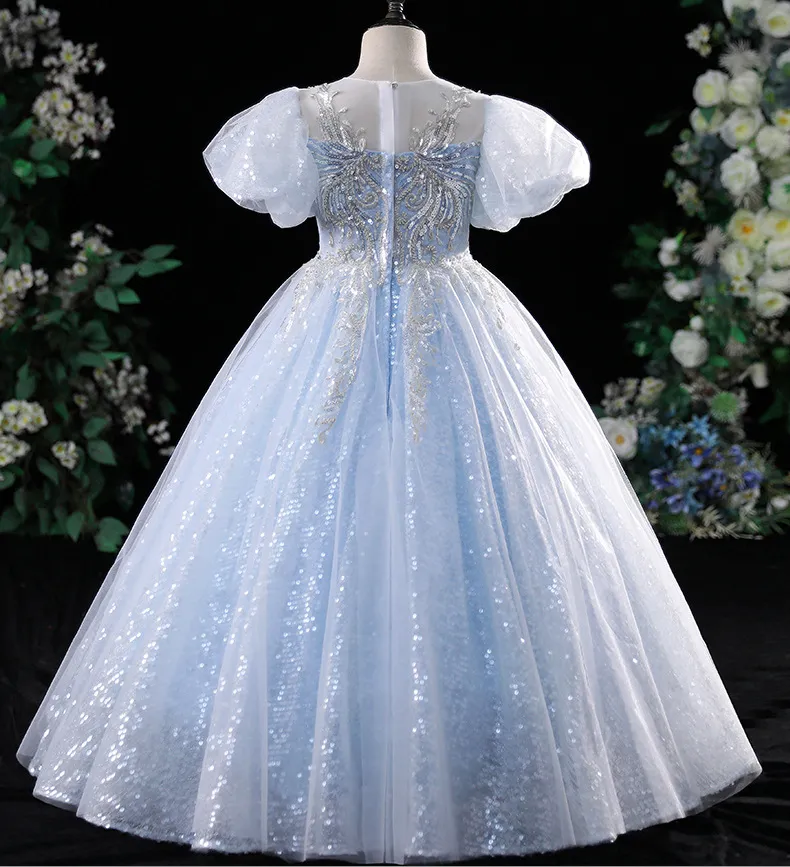 blauw kristal lange bloem meisjes jurk pageant jurken kralen 2022 peuter baby kleding kleine kinderen baby meisje verjaardag kerstjurken