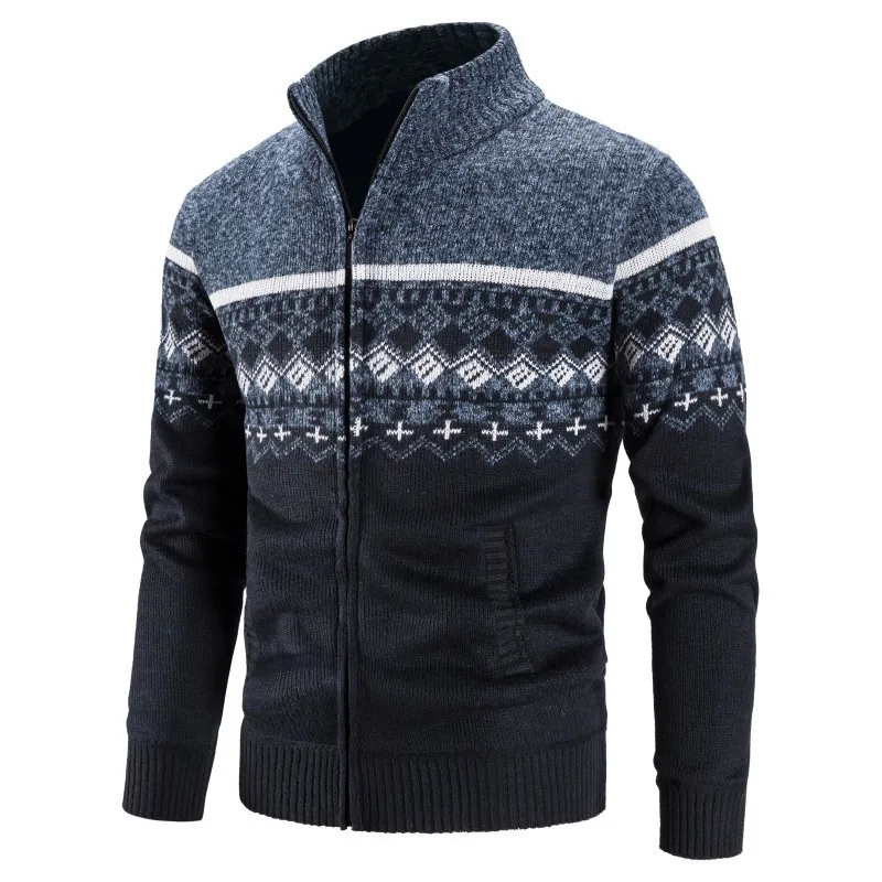 Men Sweater Casual Sweatshirt Jacquard Zip Polo Cardigan Jacket Winter Mock Neck Pullover s Clothes 220804