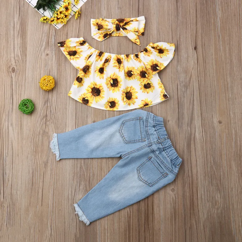 Baby Summer Clothing Fashion Kids Girl Off Shoulder Tops Sunflower Shirt Ripped Denim Jeans Outfits Set 6M 4T 220620