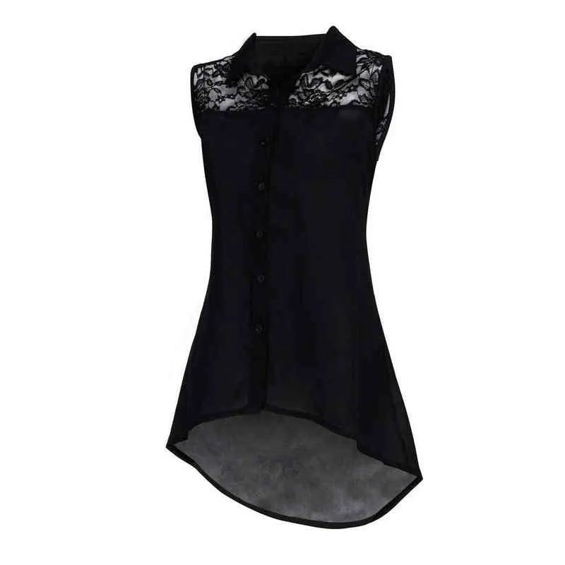 S-XL Summer Lace Patchwork Bluzki Kobiety moda stałe kolory koszule Asymetryczne bez rękawów Zrzuć Topy kołnierza Blusas L220705