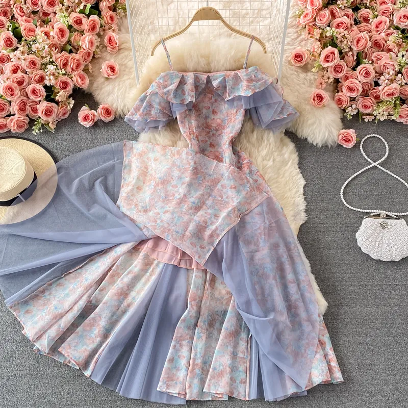 Verano elegante gasa floral correa vestido de malla costura sin tirantes mixi vacaciones señoras vestidos bata femenina 220418
