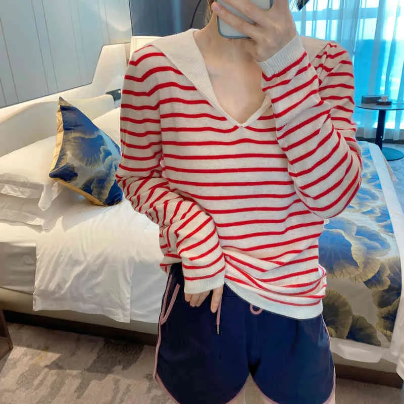 sweater autumn new Navy Stripe contrast shawl letter V-neck knitted sheep sweater long sleeved female