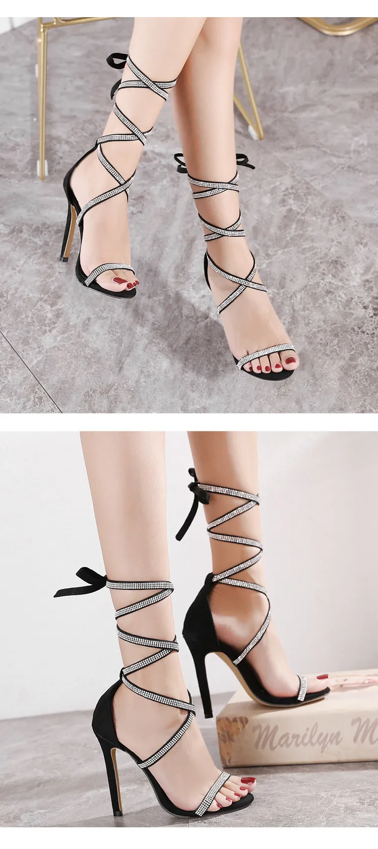 Yaz gladyatör kadın sandalet moda siyah ayak bileği kayış kristal bağcıklı açık ayak parmağı yüksek topuklu zapatos de mujer 220426