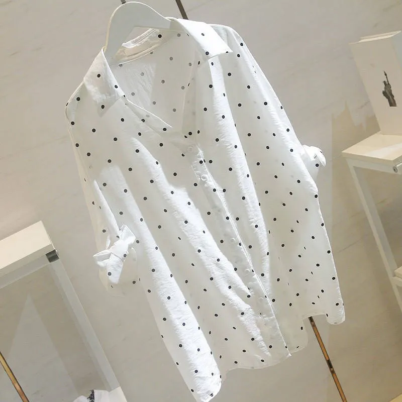 Plus Size Branco Blusa de Linho Camisa Moda Mulheres Tops e Blusas Queda Feminina Polka Dot Ol Blusas 5xL 220402
