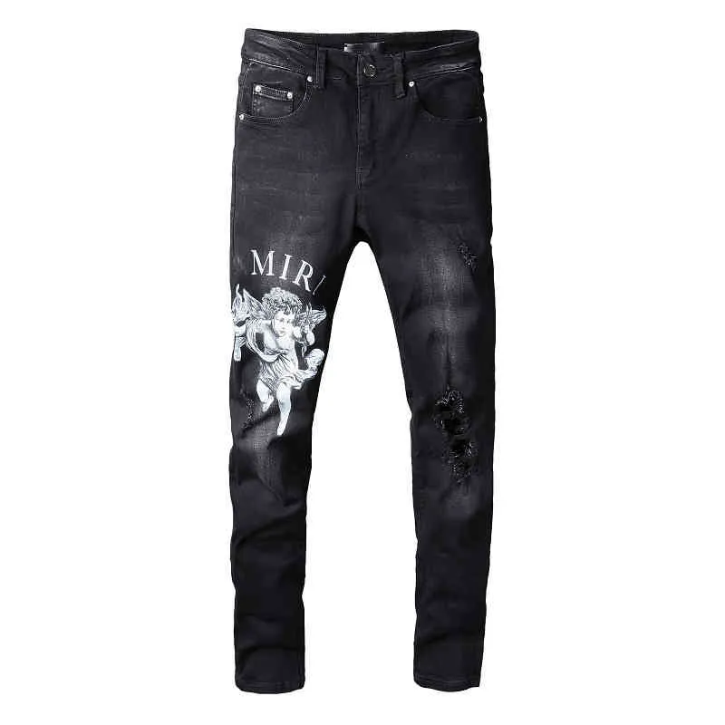 Designer-Herrenjeans Amirs Hosen Trend Amirs Street trendiges Engelsmuster schwarzes Loch elastische enge Jeans #817327o