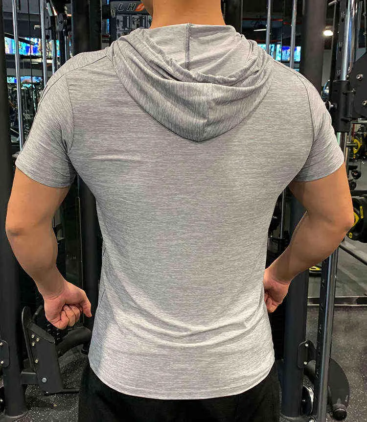 Gym Sport Hooded Men Men T Shirt Fitness Slim Wysoka Elastyczność Oddychająca Szybka sucha kulturystyka męska Tshirt Men TEE TOPS L220704