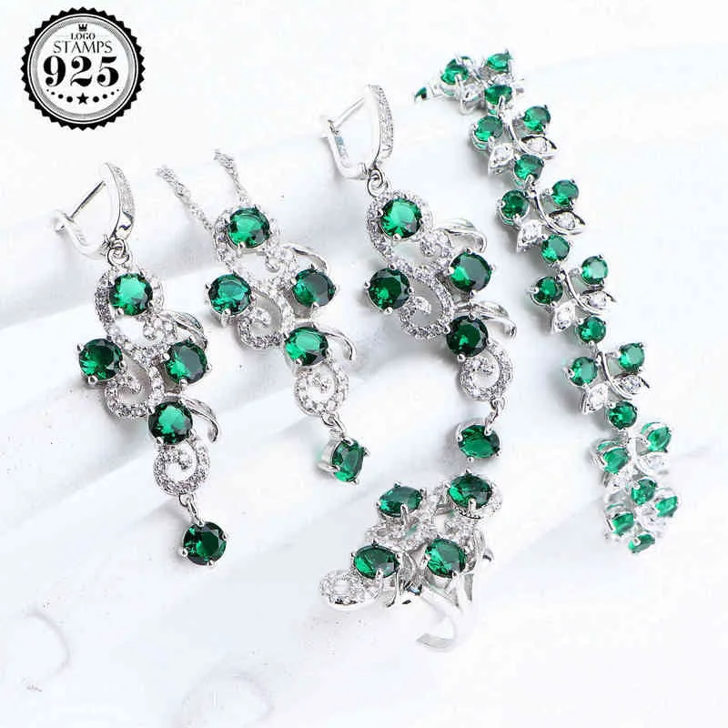Wedding Luxury 925 Silver Bridal Jewelry Sets For Women Costume Jewelry Green CZ Bracelet Ring Earrings Necklace Pendants Set H2208549693