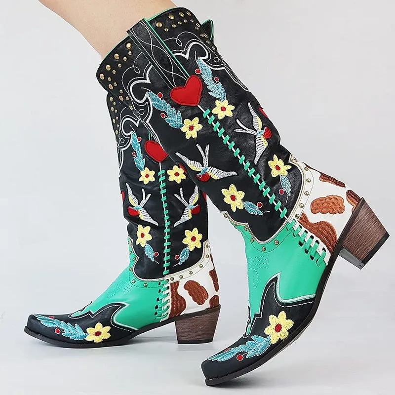 BONJOMARISA Western Cowboy Women Cowgirl Mid Calf Boots Heart Retro Embroidered Slip On Chunky Casual Spring Shoes Woman 220810