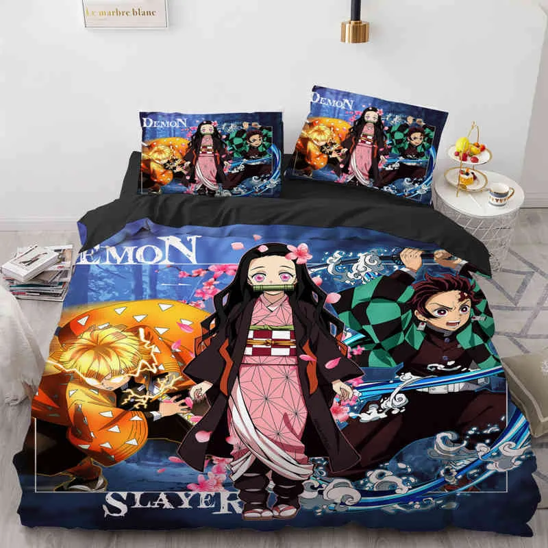 Demon Slayer Pedding Zestaw kreskówki anime kamado tanjirou nezuko rengoku giyuu kołdra poduszki poduszki dzieci na kołdrę dekoracje sypialni
