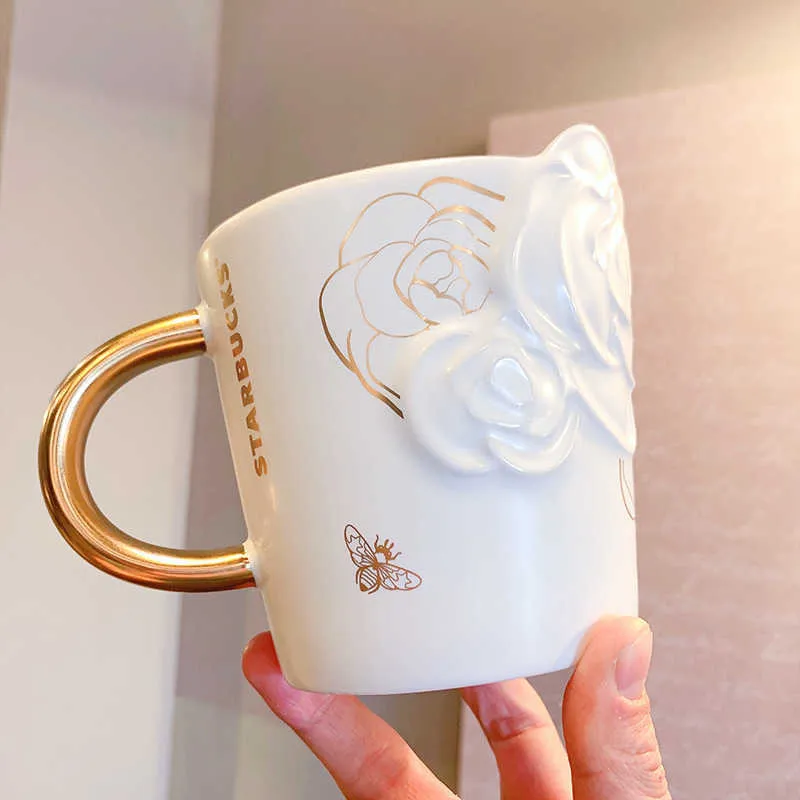 Starbucks-Tasse 2022, dreidimensionale Kamelienblüten-Tasse, Goldgriff, weiße Relief-Büro-Kaffeetasse