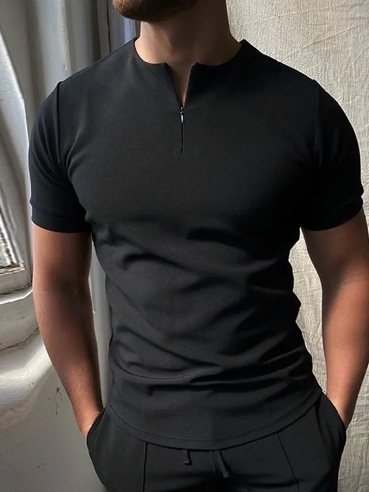 2022 Мужская повседневная рубашка-поло цвета хаки без воротника с короткими рукавами и молнией, дизайн топа Harajuku Мужская уличная одежда Мужская мода 0615