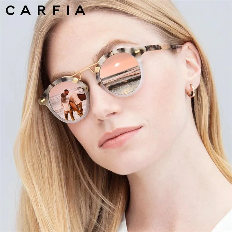 Carfia Small Acetate Polarised Solglasögon för kvinnor speglade lins Retro dubbel bridge Eyewear Metal Brow Round Sunnies224N