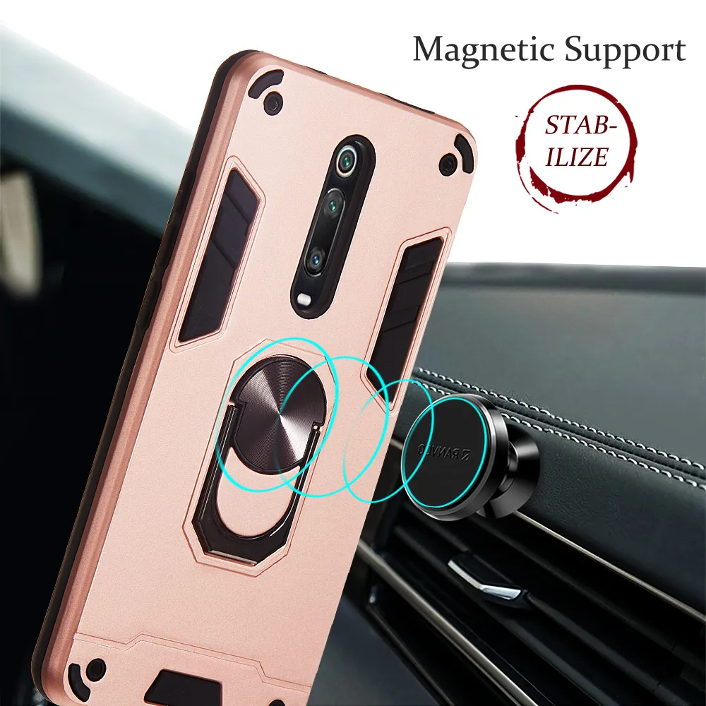 Anti-shock Armor Cases for Xiaomi mi 9T Redmi K20 Pro with Magnetic Ring Holder, Hard TPU Frame, Back Protective Case