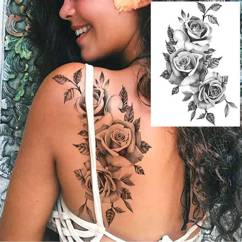 NXY Temporary Tattoo Yuran Black Tulip Totem Tattoos Stickers Women Body Waist Arm Art Bracelet Girls Butterfly Tatoos Rose Chains 0330