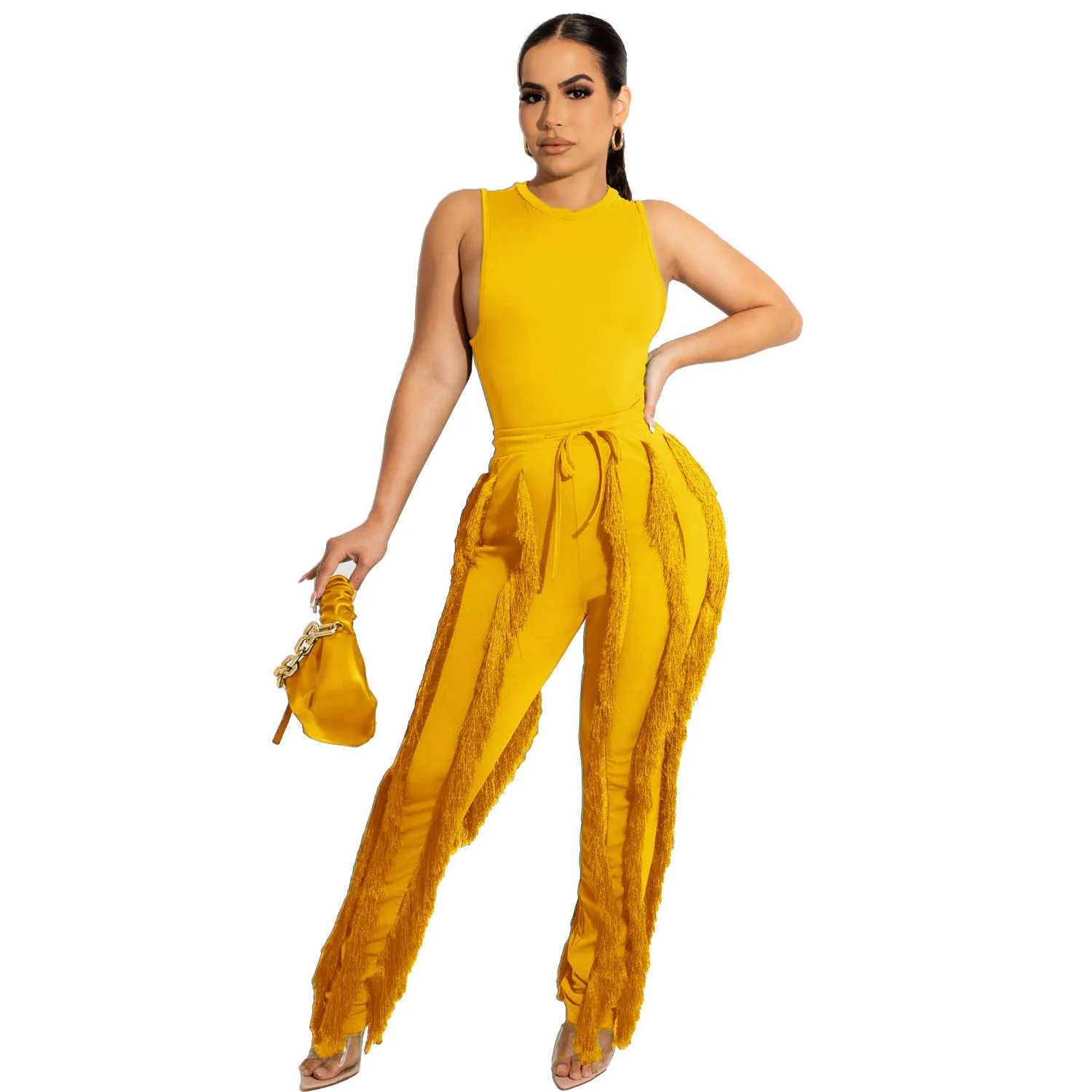 Women's Two Piece Pants Set Tassel Pants Sleeveless Casual Suit Lace Summer Sexy Outfits Ladies