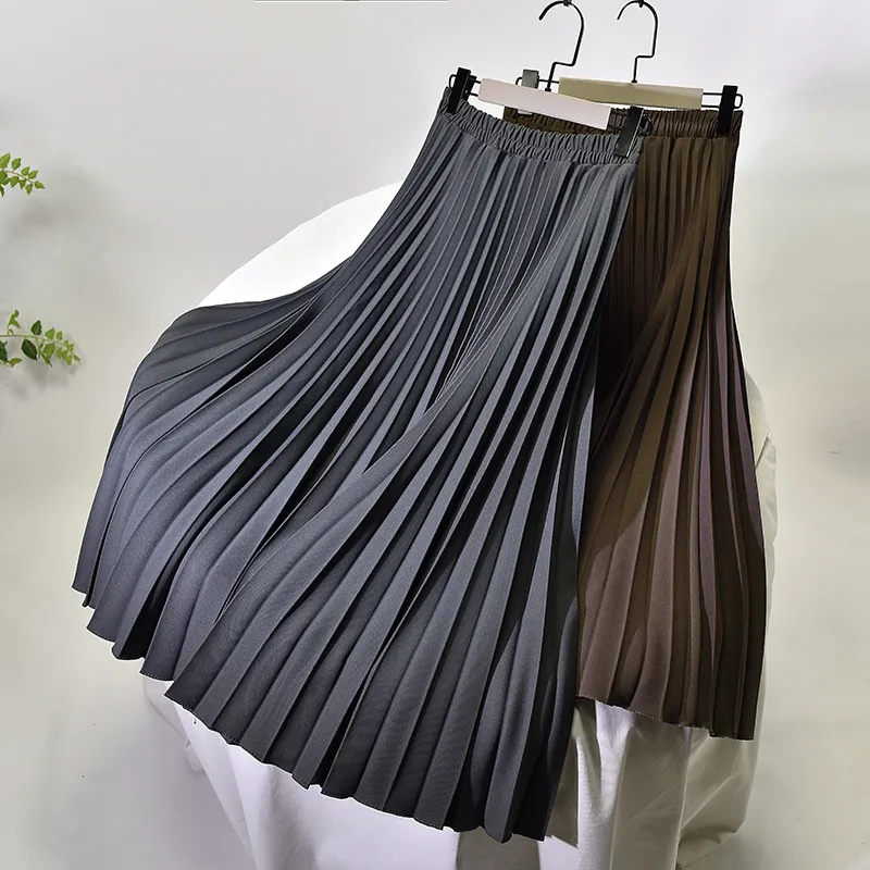 Women A-Line Spring Pleated Skirt Elegant Stretch High Waist Long Femme Faldas Jupe Saia White s 220401