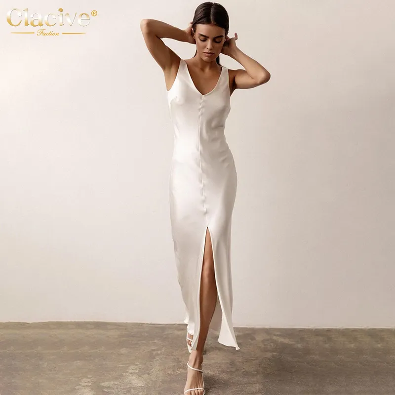 Claceive Sexig Vneck Black Satin Womens Dress Elegant Slim Sleeveless Slit Midi Dress Ladies BodyCon White Party Dresses 220704